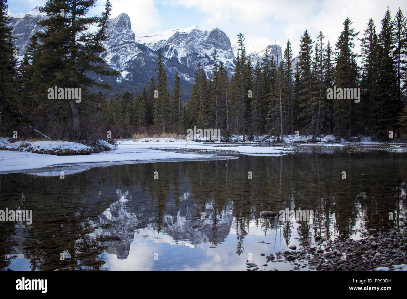 Reflexion der Mt. Rundle massiv in der Polizist Creek in Canmore, Alberta im Winter. Stockfoto