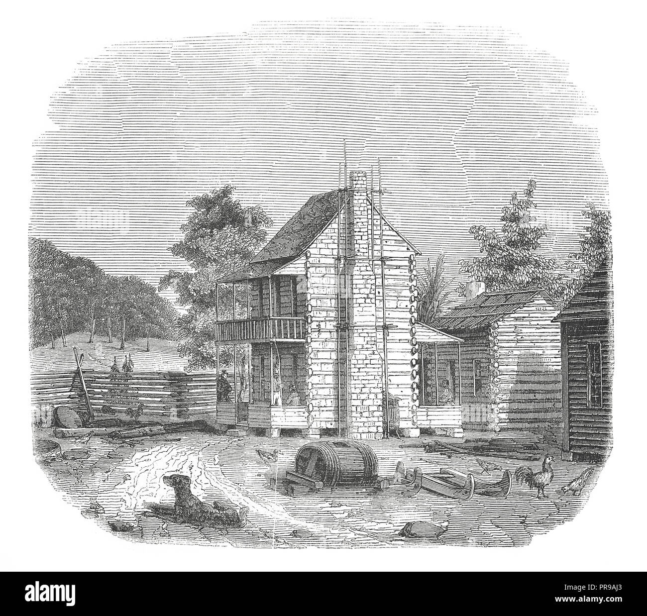 19 Abbildung: American Farm im Staat Virginia (antike Gravur). Originale Kunstwerke in Le Magasin Pittoresque von M. A. veröffentlicht. Stockfoto