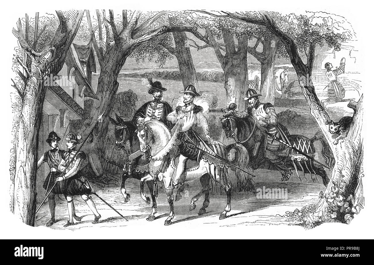 19 Abbildung: eine Szene, wo nobilities reiten Pferde in einem Wald. Originale Kunstwerke in Le Magasin Pittoresque herausgegeben von M. A. Lacheva Stockfoto