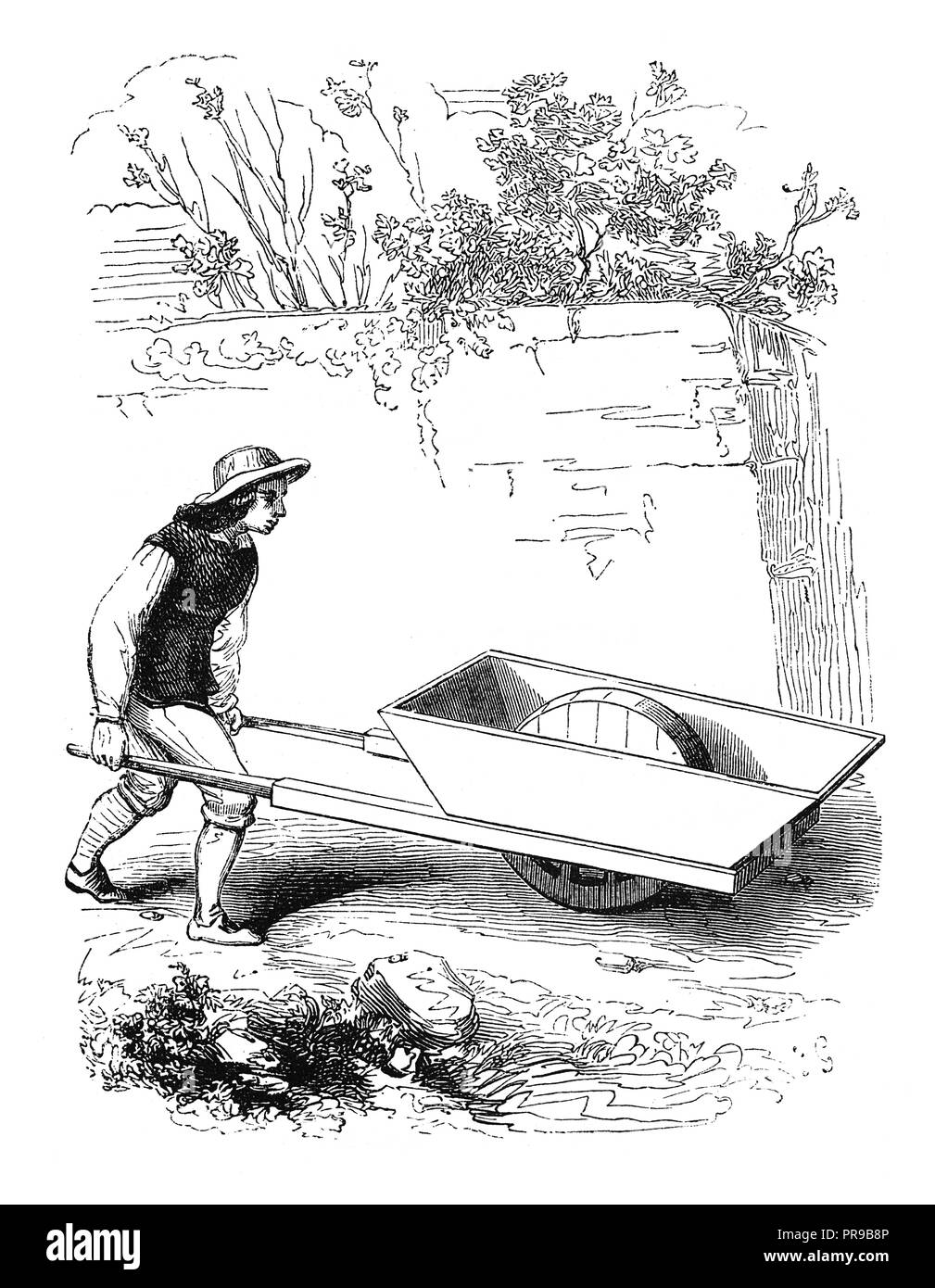 19 Abbildung: ein 1-Rad Schubkarren, erfunden von Blaise Pascal. Nach egraving von Grollier de Serviere. Original artwork veröffentlicht. Stockfoto