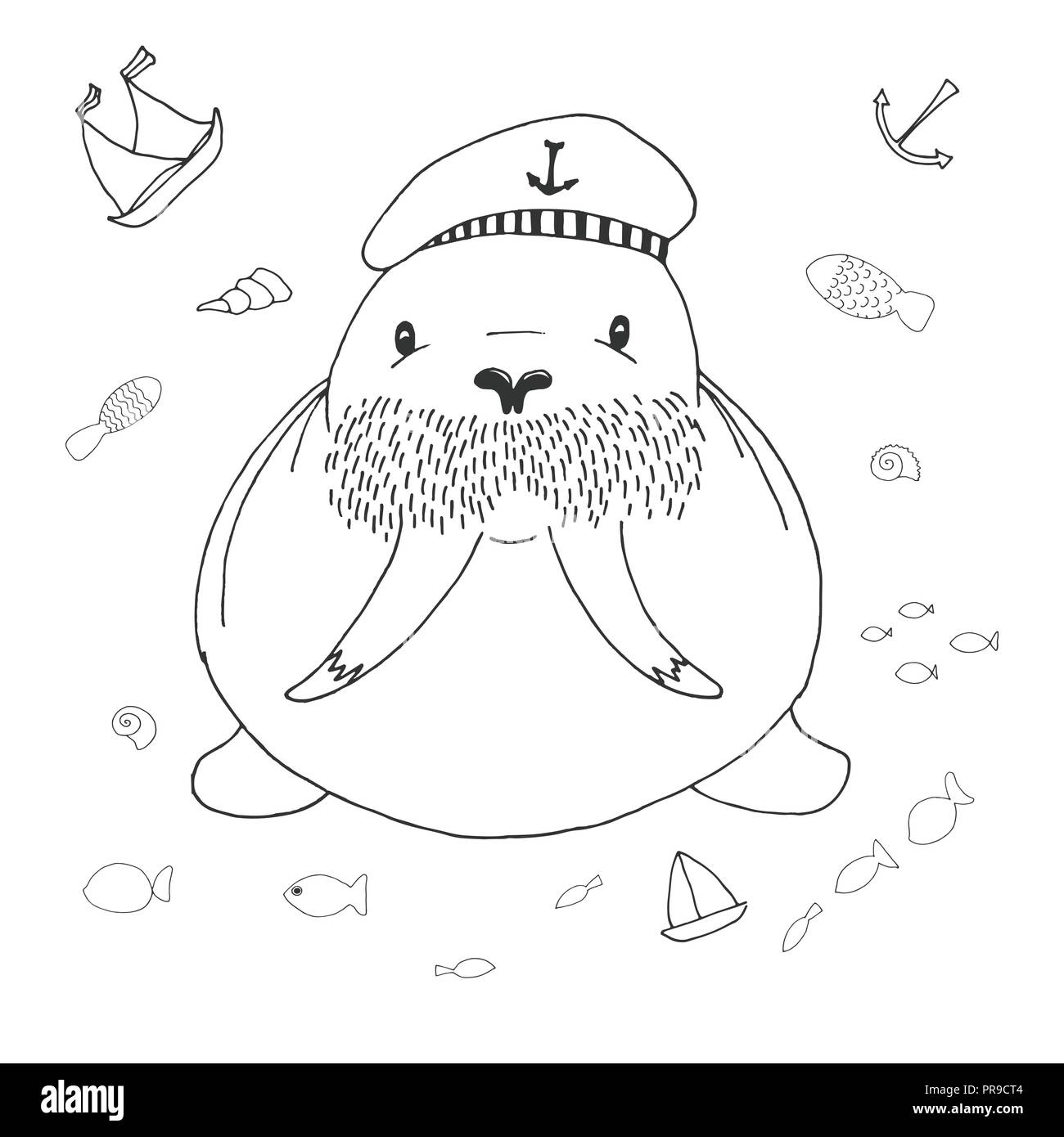 Cute Walross Skizze. Vector Illustration in doodle Stil. Stock Vektor