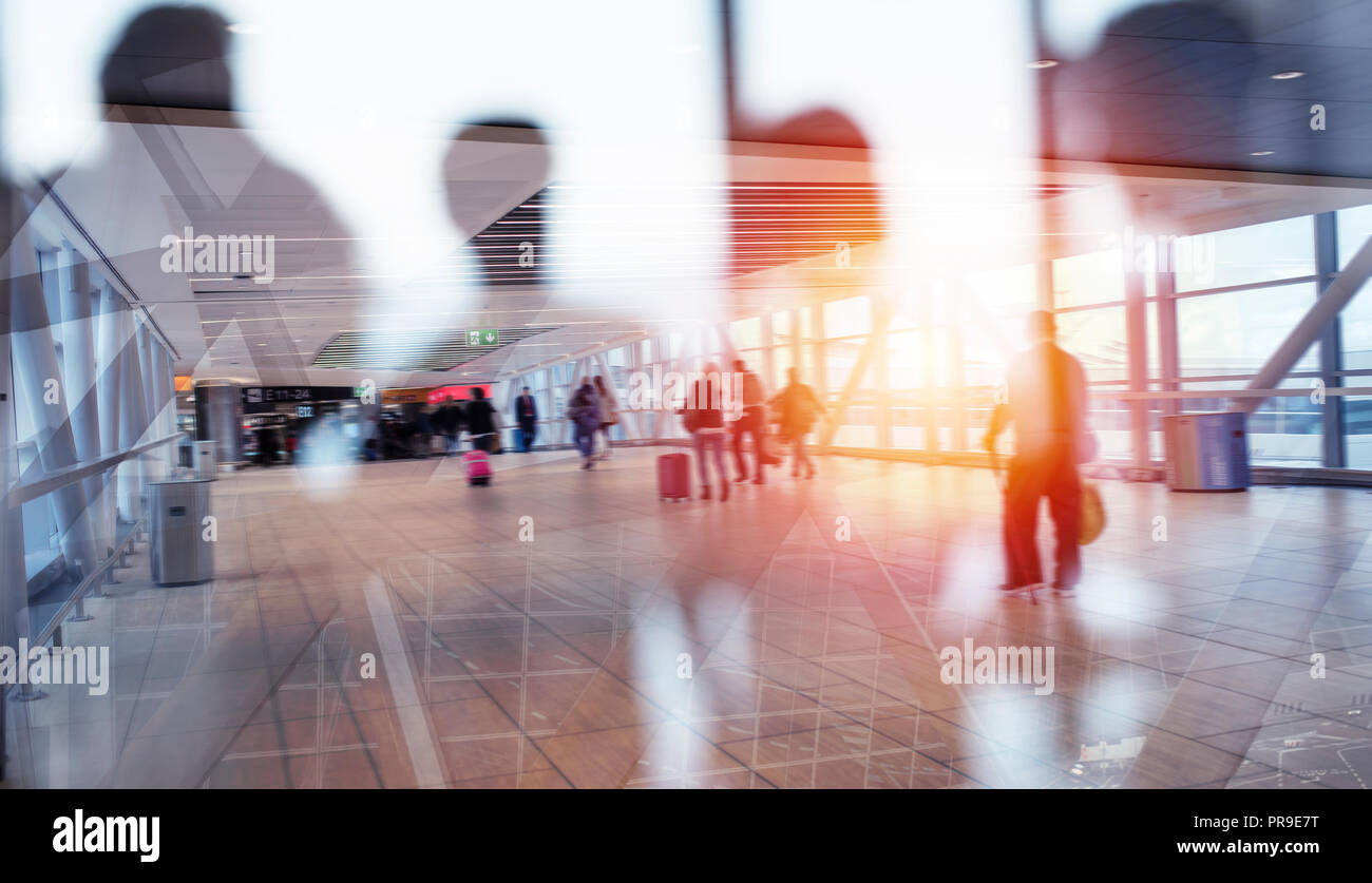 Modernen Flughafen mit blur Effekte. Double Exposure Stockfoto