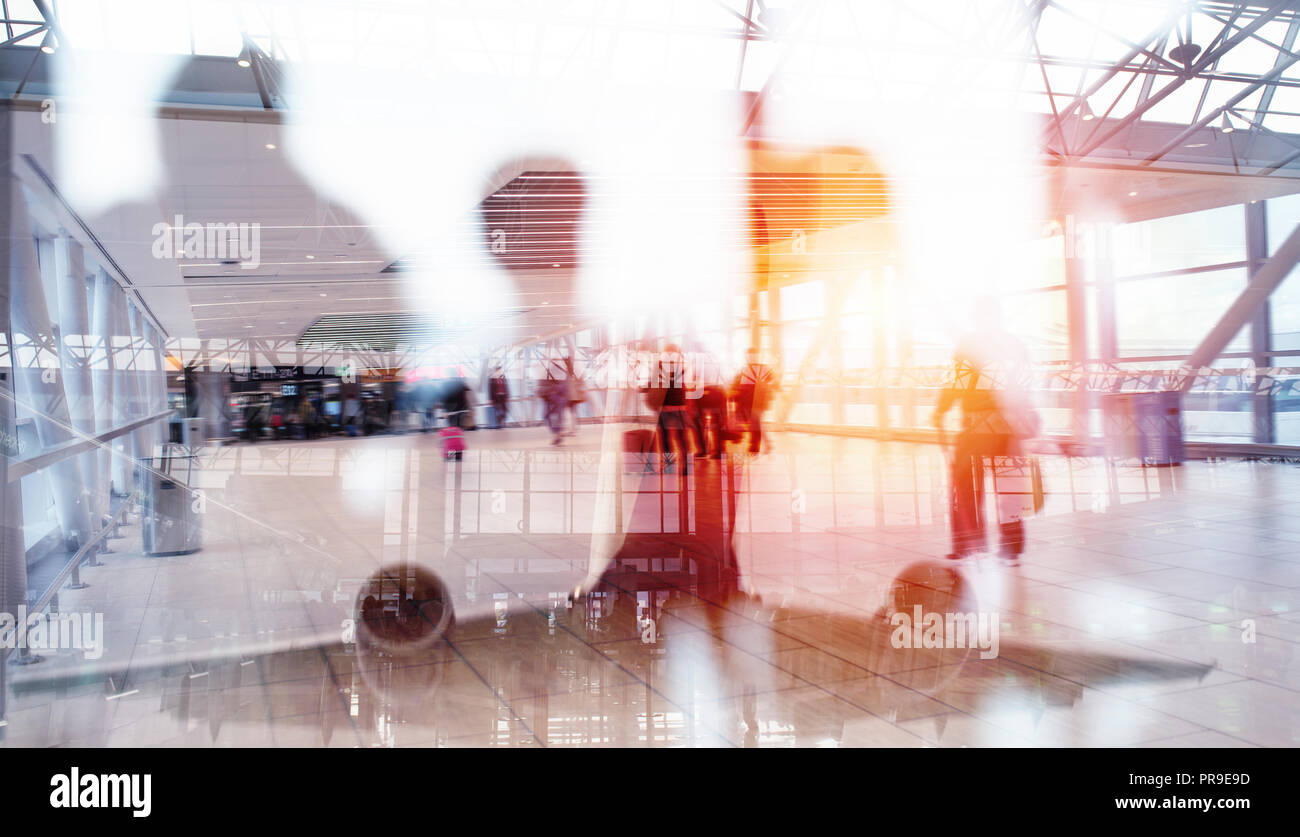 Modernen Flughafen mit blur Effekte. Double Exposure Stockfoto