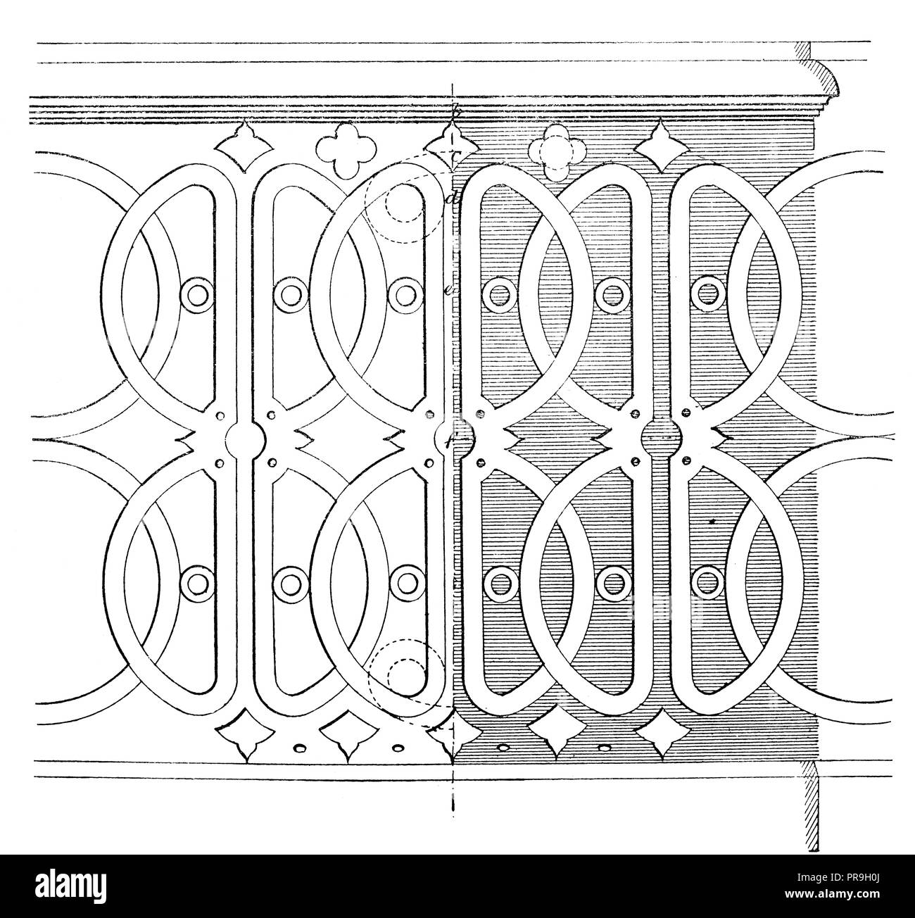 19 Abbildung: ein Design für ein Geländer oder einen Balkon. In "Die praktische Zeitschrift, eine Illustrierte Cyclopedia von Industrie veröffentlicht. Stockfoto