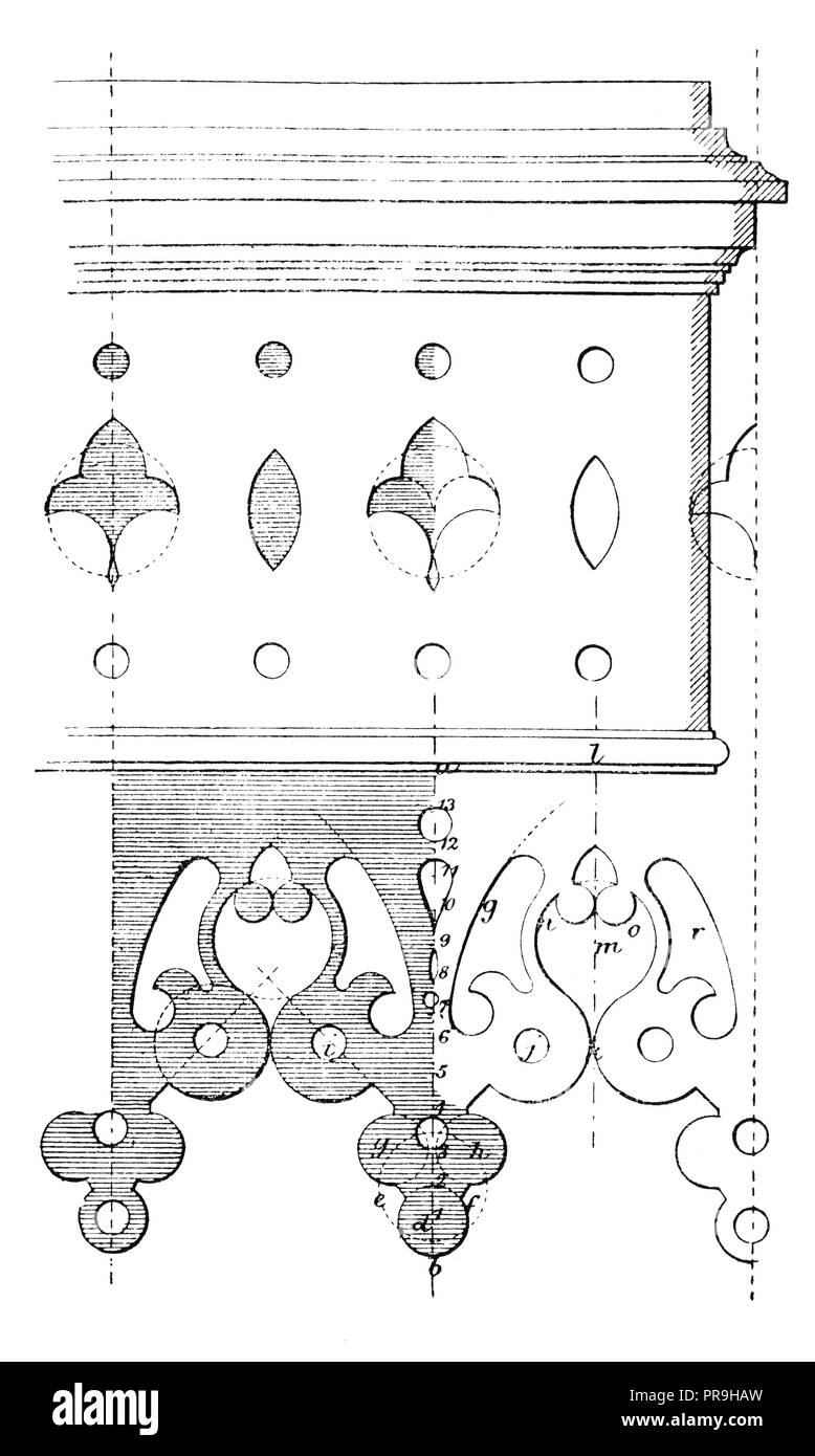 19 Abbildung: ein Design für Zierpflanzen cut-Holz arbeiten Arbeiten mit Linien und Zentren - für eine traufe Board. In "Die praktische Ma veröffentlicht. Stockfoto