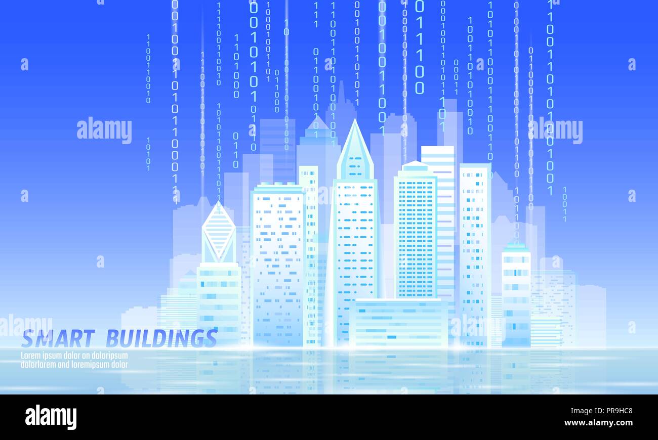 Smart City 3D-sonnigen Morgen Stadtbild. Intelligente Gebäudeautomation Tag blauer Himmel futuristische business Hoffnung Konzept Zukunft Technologie. Urban banner Vector Illustration Stock Vektor