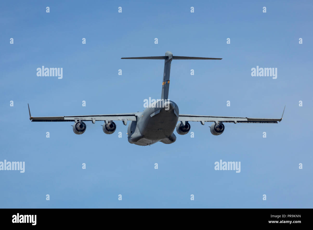 Eine Boeing C-17 Globemaster III, die am 16. Juli 2018 RAF Mildenhall, Suffolk, Großbritannien Stockfoto