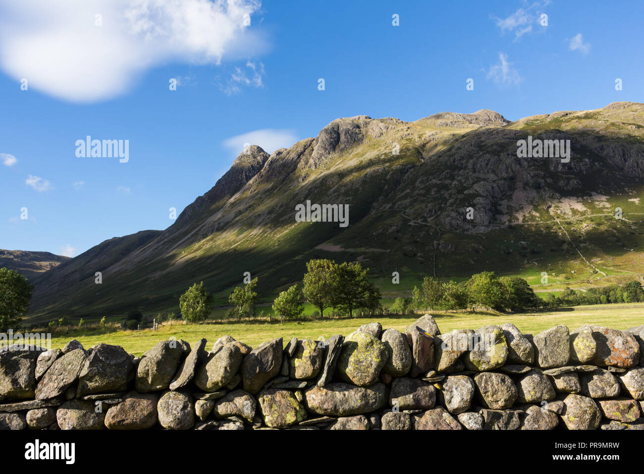 Die Langdale Pikes mit einer Mauer im Vordergrund, Great Langdale, Lake District, Cumbria, England. Stockfoto