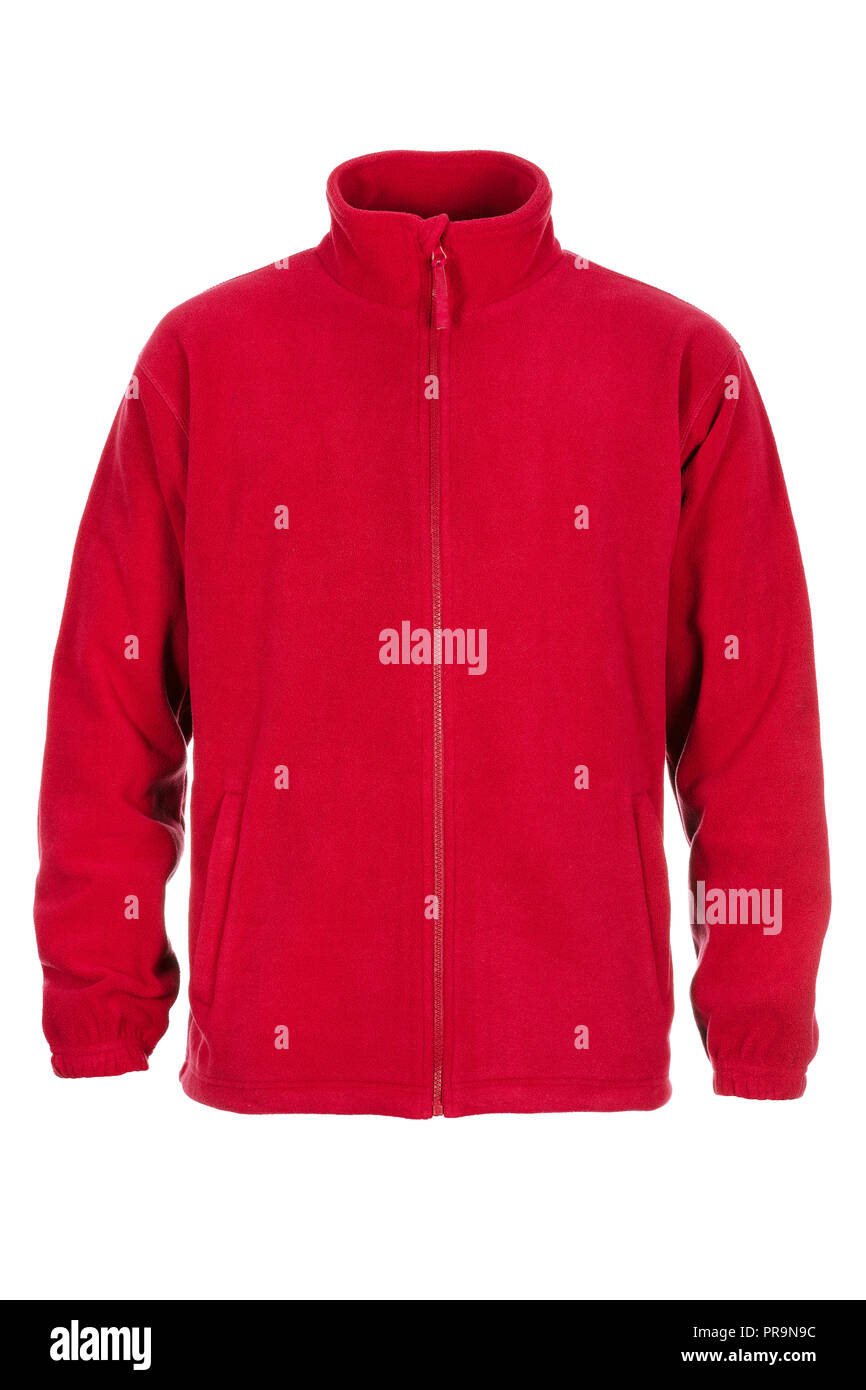 Rotes Sweatshirt Fleece für den Menschen auf weißem Hintergrund Stockfoto