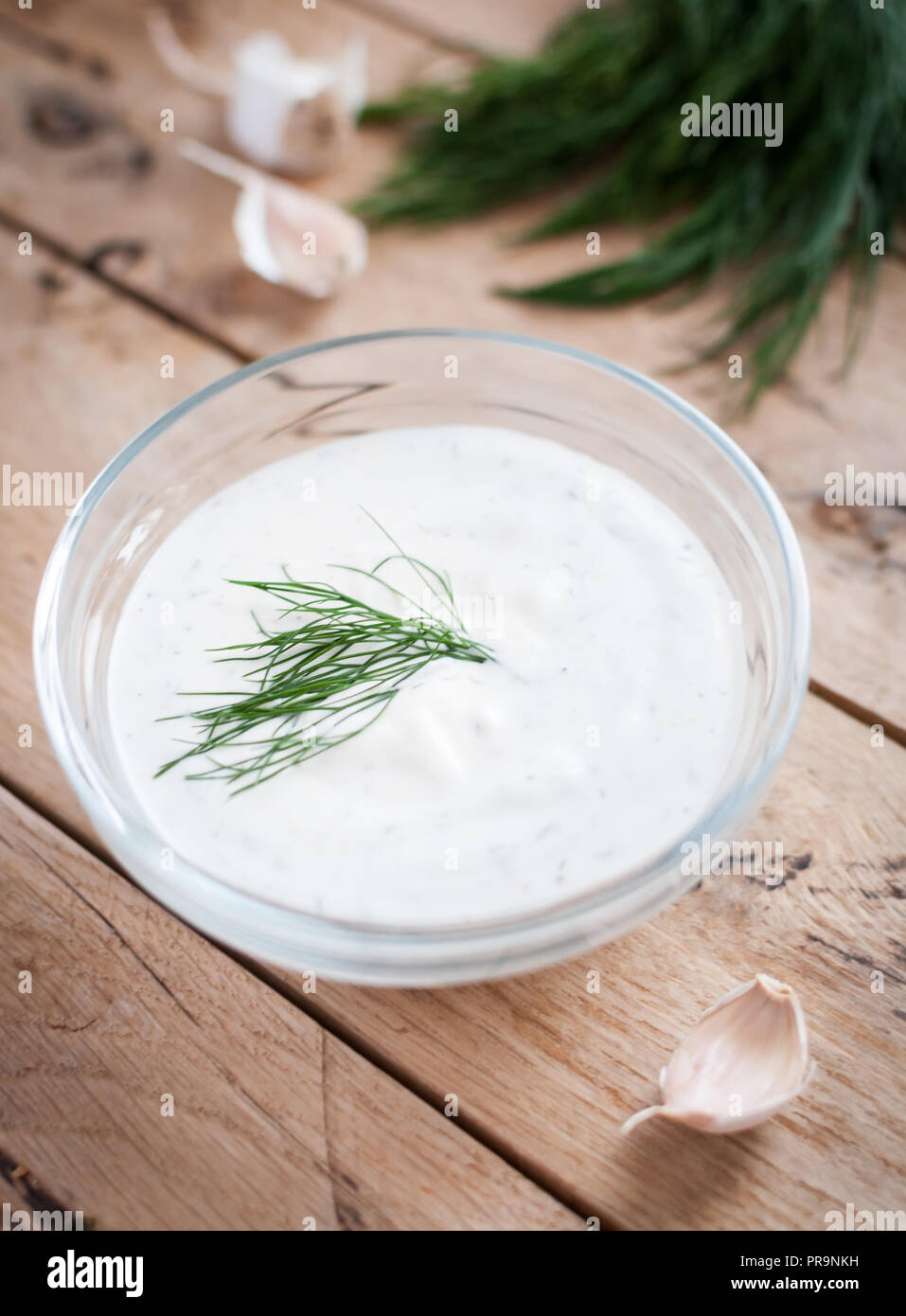 Sour cream Dip mit Dill und Knoblauch auf Holz- Hintergrund Stockfoto