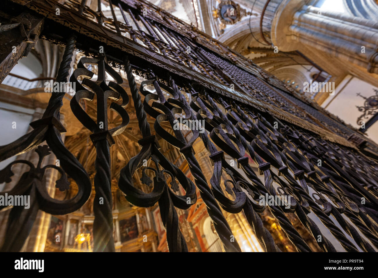 Schmiedeeisernes Tor mit Zeichnungen und Schilde mit einer Renaissance Gothic Design gestaltet, Königliches Kloster von Guadalupe, Guadalupe, Extremadura, Spanien Stockfoto