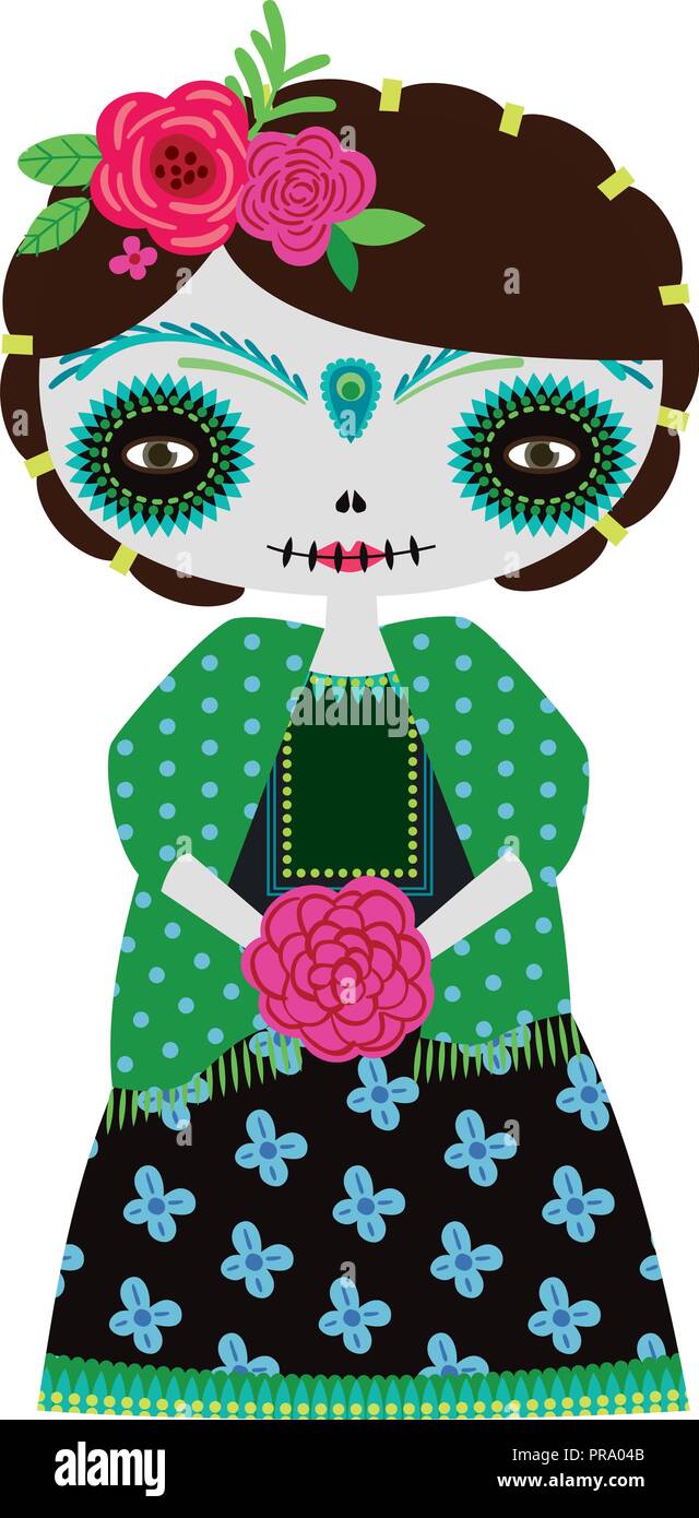 Vector Illustration des grünen Catrina Puppe auf weißem Hintergrund. Ideal für Scrapbooking und Kunsthandwerk. Ideal für Halloween Stock Vektor