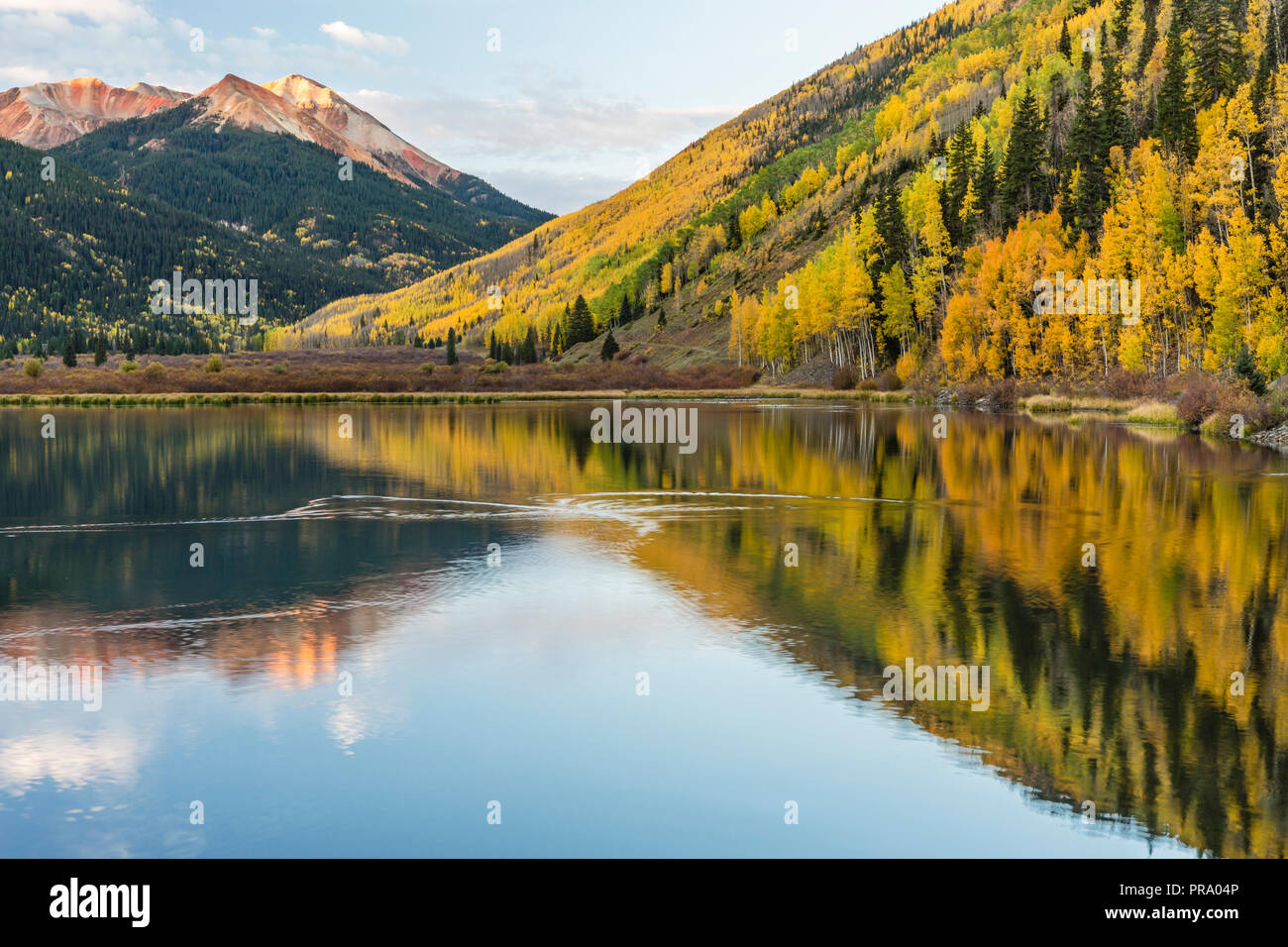Die roten Berge und goldene Espen auf Hayden Berg spiegelt sich in Crystal Lake in den Uncompahgre National Forest im Süden von Ouray, Colorado. Stockfoto