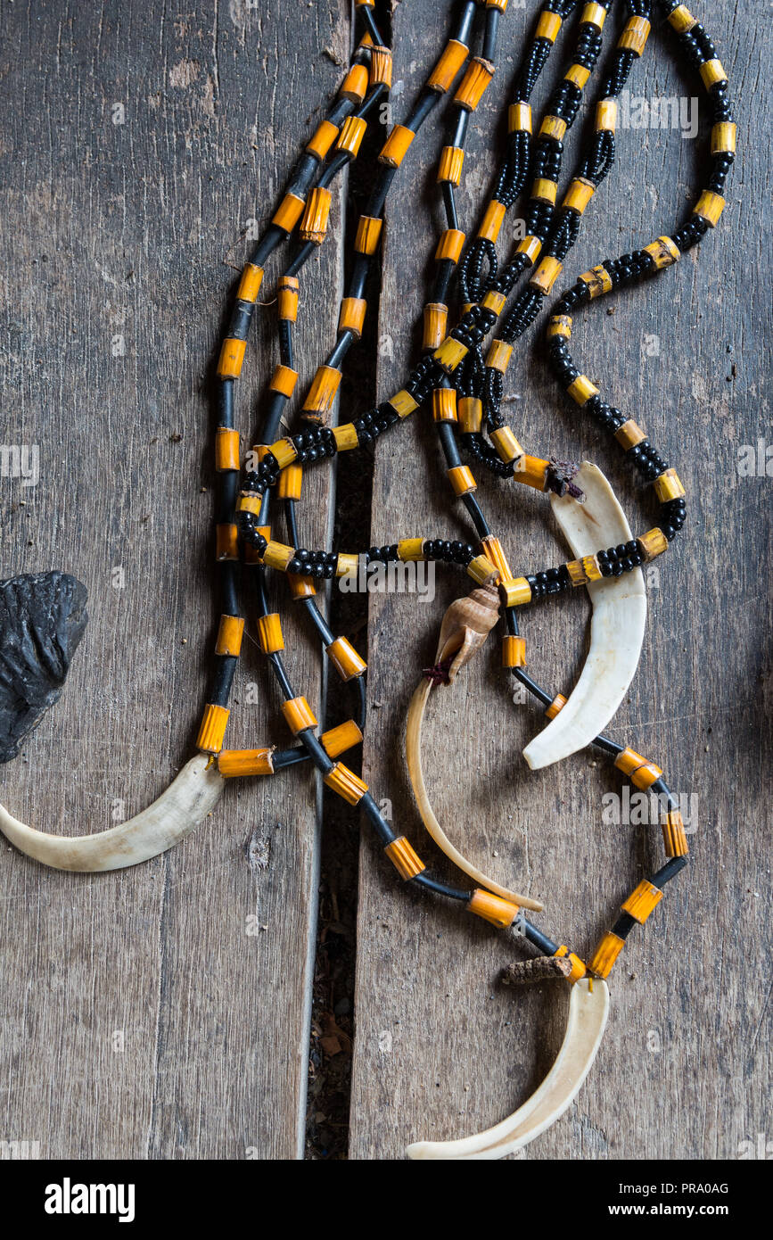 Halskette aus Perlen und Orchid stem von indigenen Dani Stamm. Wamena, Papua, Indonesien. Stockfoto