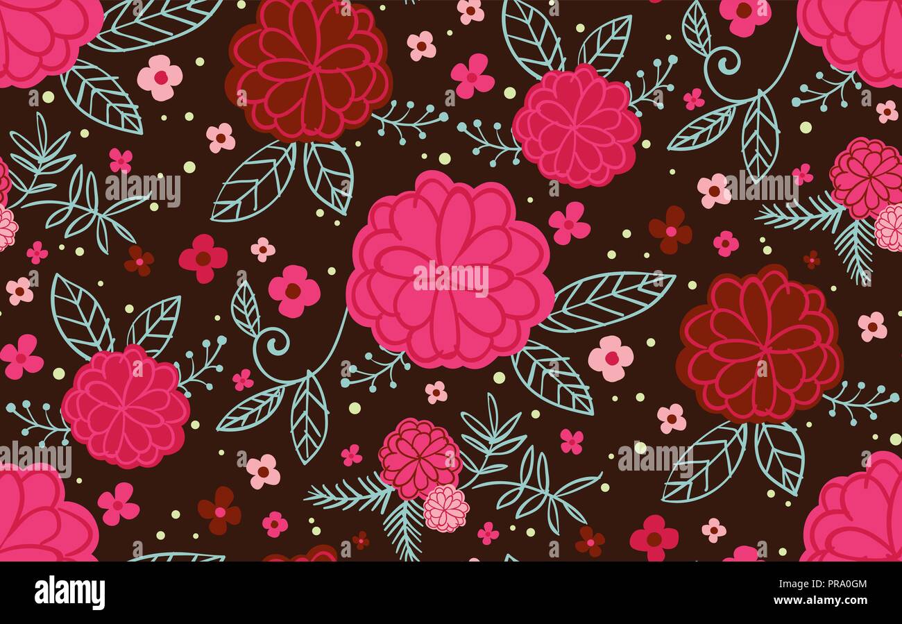 Trendy nahtlose Vektor wiederholen Sie die floralen Muster. Spaß moderne rosa Blüten und Blätter auf einem Burgund Hintergrund. In scrapbooking, Quilten, Handwerk Stock Vektor