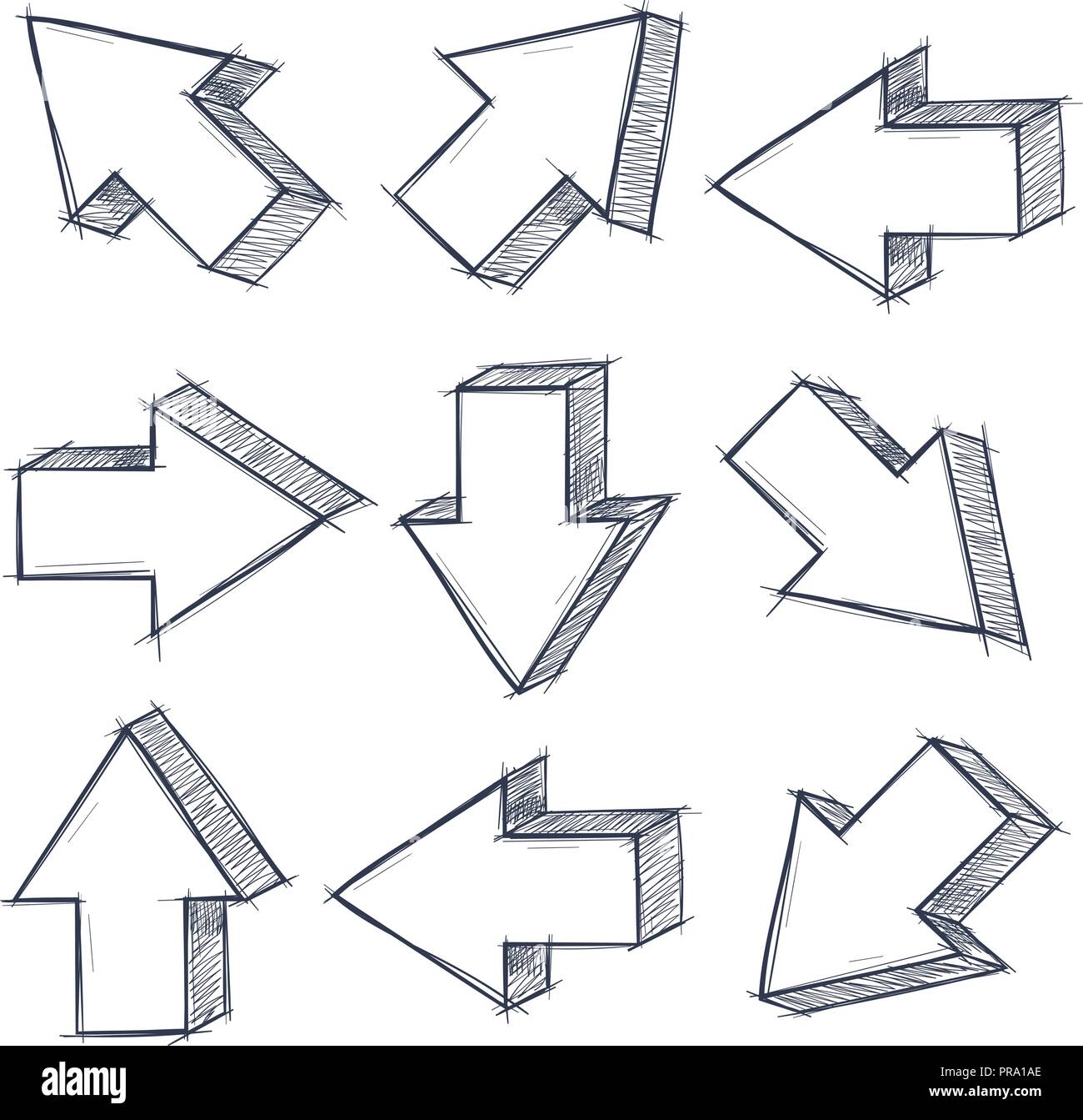 Pfeile gesetzt. Umrisse Zeichen mit Bleistift schraffiert Stock Vektor
