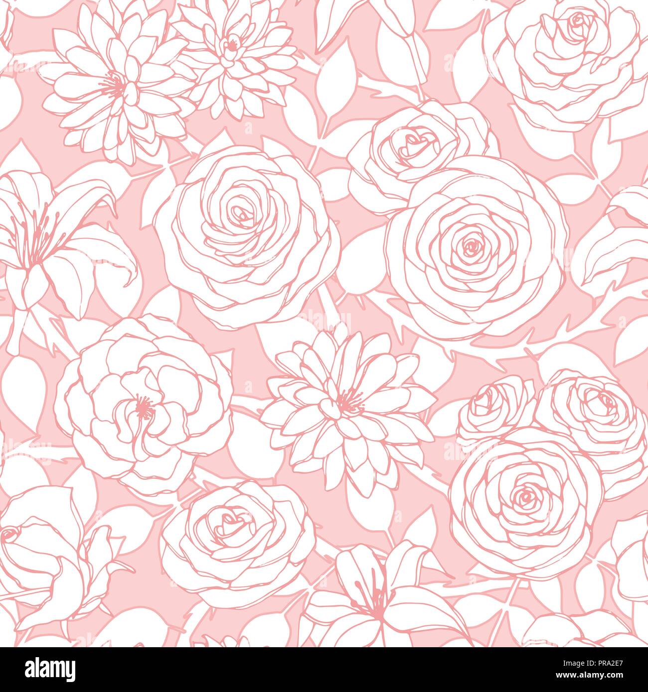 Vektor Rapport mit Lily, Chrysantheme, Camellia, Pfingstrose und rosa Blüten auf der rosa Hintergrund. Nahtlose floralen Ornament von Blüten Stock Vektor