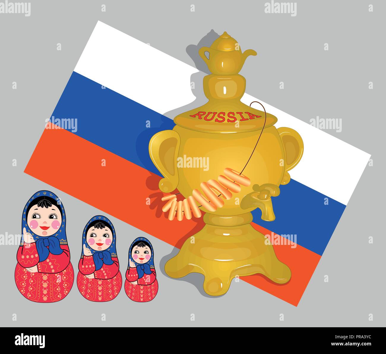 Plakat mit der Flagge Russlands. Goldener Samowar mit Teekanne. Matryoschka  Russisch in einem roten Kleid , ein blaues Taschentuch. Vektor  Stock-Vektorgrafik - Alamy
