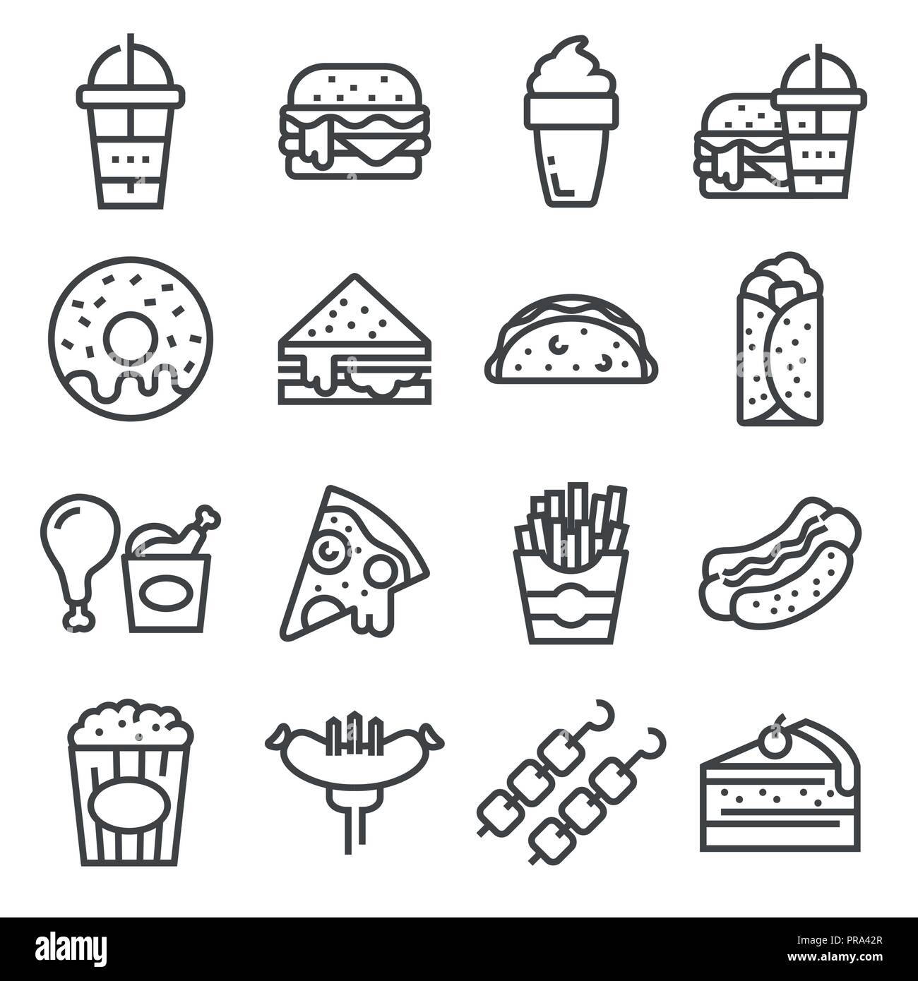 Vektor FastFood und Street Food Symbole gesetzt. Hamburger, Taco, chiken, shaurma, Hot Dog und mehr Stock Vektor