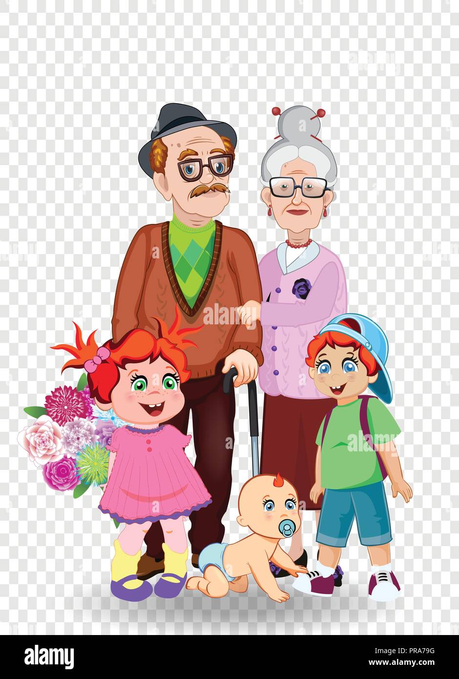 Cartoon vector Abbildung: Großeltern und Enkel zusammen. Großvater, Großmutter, Enkelin, Enkel und Baby mit Blumen auf tra Stock Vektor
