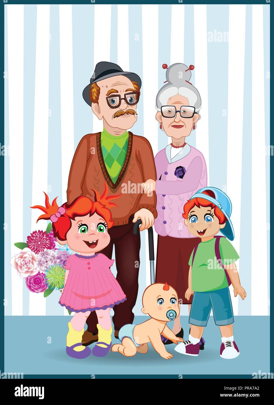 Cartoon vector Abbildung: Großeltern und Enkel zusammen. Großvater, Großmutter, Enkelin, Enkel und Baby mit Blumen in den Stock Vektor