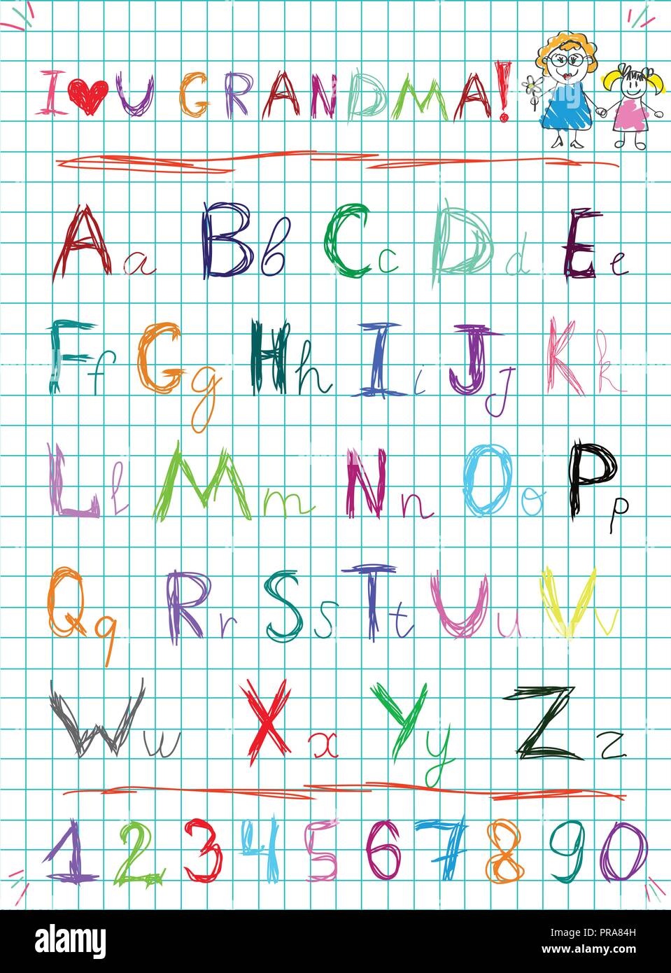 Bunte baby Skizze Hand gezeichnet doodle Alphabet Buchstaben und Ziffern auf Squared notebook Blatt Vector Illustration mit Ich liebe dich Oma titel a Stock Vektor