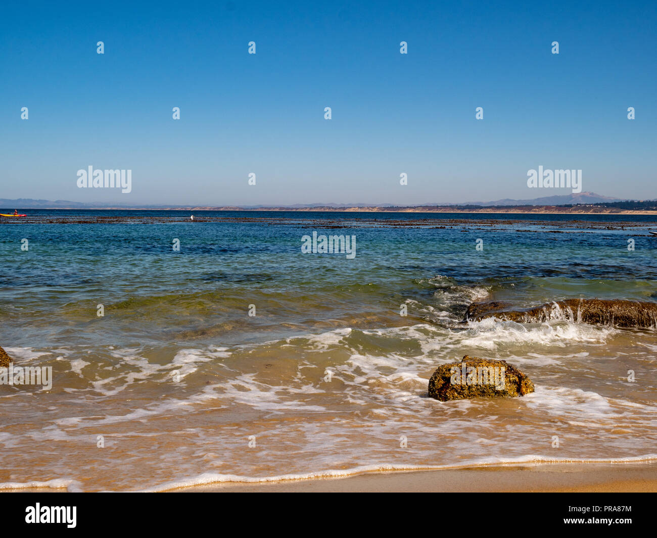 Wellen auf die Felsen an einem tropischen Strand mit Algen Stockfoto