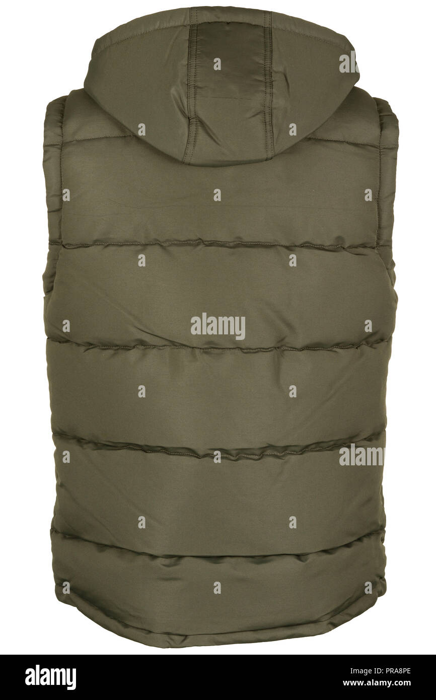 Zurück von Olivgrün warme Weste mit Kapuze auf weißem Hintergrund Stockfoto
