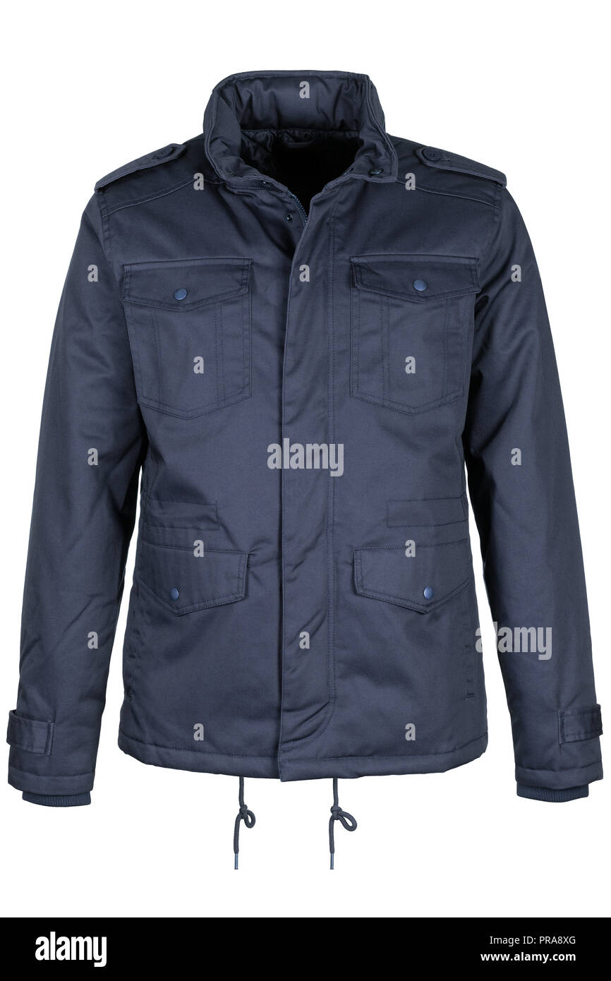 Warme Jacke Navy Blau auf weißem Hintergrund Stockfoto