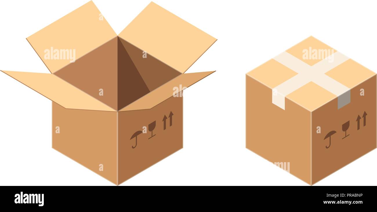 Isometrische Vektor Verpackung Karton oder Kartons Icon Set mit  Postalischen Zeichen - Diese Seite oben und Fragilen isoliert auf Weiss.  Abgedichtet und aufgedeckt. Postpaket Lieferung Konzept Stock-Vektorgrafik  - Alamy