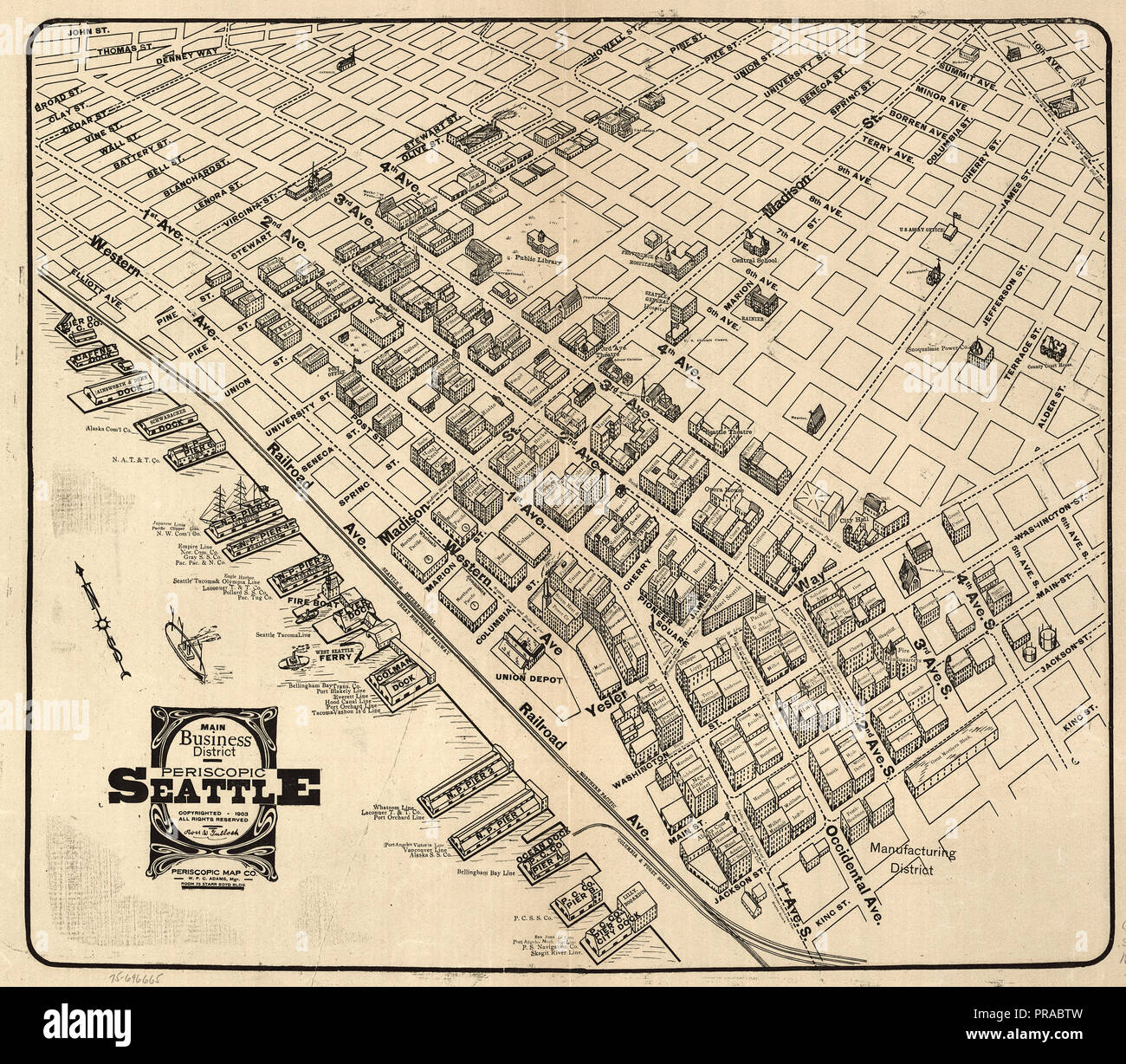 Main business district Seattle, 1903. Periscopic Karte Firma Stockfoto