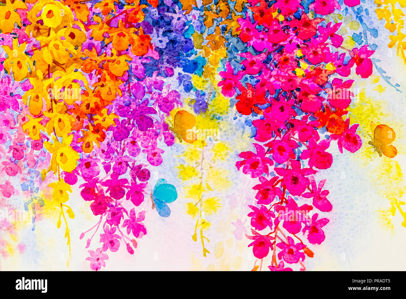 Abstrakte Aquarell ursprüngliche Landschaft Malerei Phantasie bunte Schönheit Orchidee Blumen mit butterfles und Emotion in blauen Hintergrund. Stockfoto