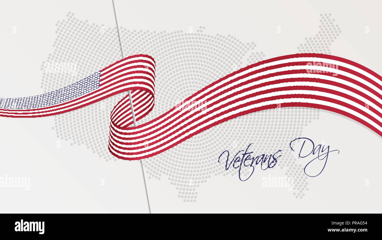 Vector Illustration der abstrakten radial gepunktete Rasterung Karte von USA und gewellten Band mit den Vereinigten Staaten von Amerika National Flagge Farben Stock Vektor