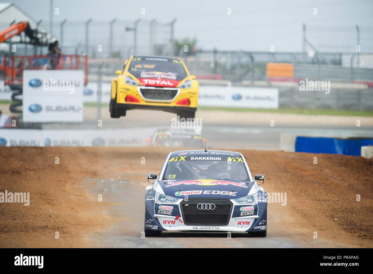 September 30, 2018: Andreas Bakkerud #13 mit Team EKS Audi Sport in Aktion im Qualifying 4 auf die Welt Rallycross Meisterschaft, Stromkreis des Nord- und Südamerika. Austin, Texas. Mario Cantu/CSM Stockfoto