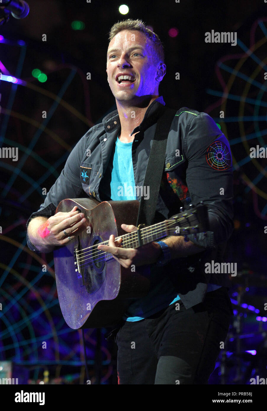 Chris Martin von Coldplay führt in Concert auf ihrer Mylo Xyloto Tour 2012 an der American Airlines Arena in Miami am 29. Juni 2012. Stockfoto