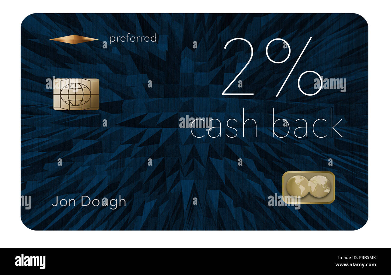 Hier ist eine 2-Prozent Cash Back Kreditkarte belohnt. Es ist eine generische Abbildung mit generischen Logos und Namen etc. Stockfoto