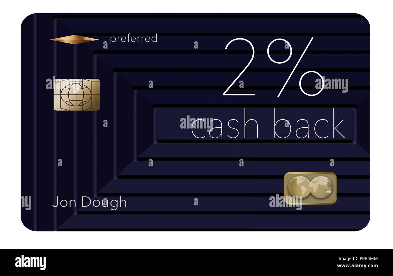 Hier ist eine 2-Prozent Cash Back Kreditkarte belohnt. Es ist eine generische Abbildung mit generischen Logos und Namen etc. Stockfoto