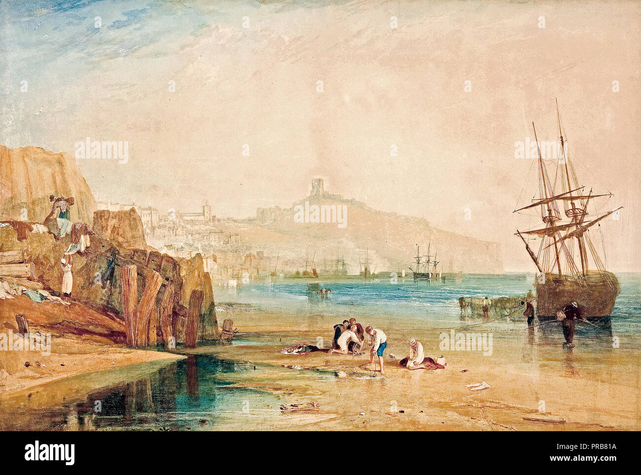 J. M. W. Turner, Scarborough Stadt und Schloss: Vormittag: Jungen Krabben fangen, Circa 1810 Aquarell, Kunstgalerie von South Australia. Stockfoto