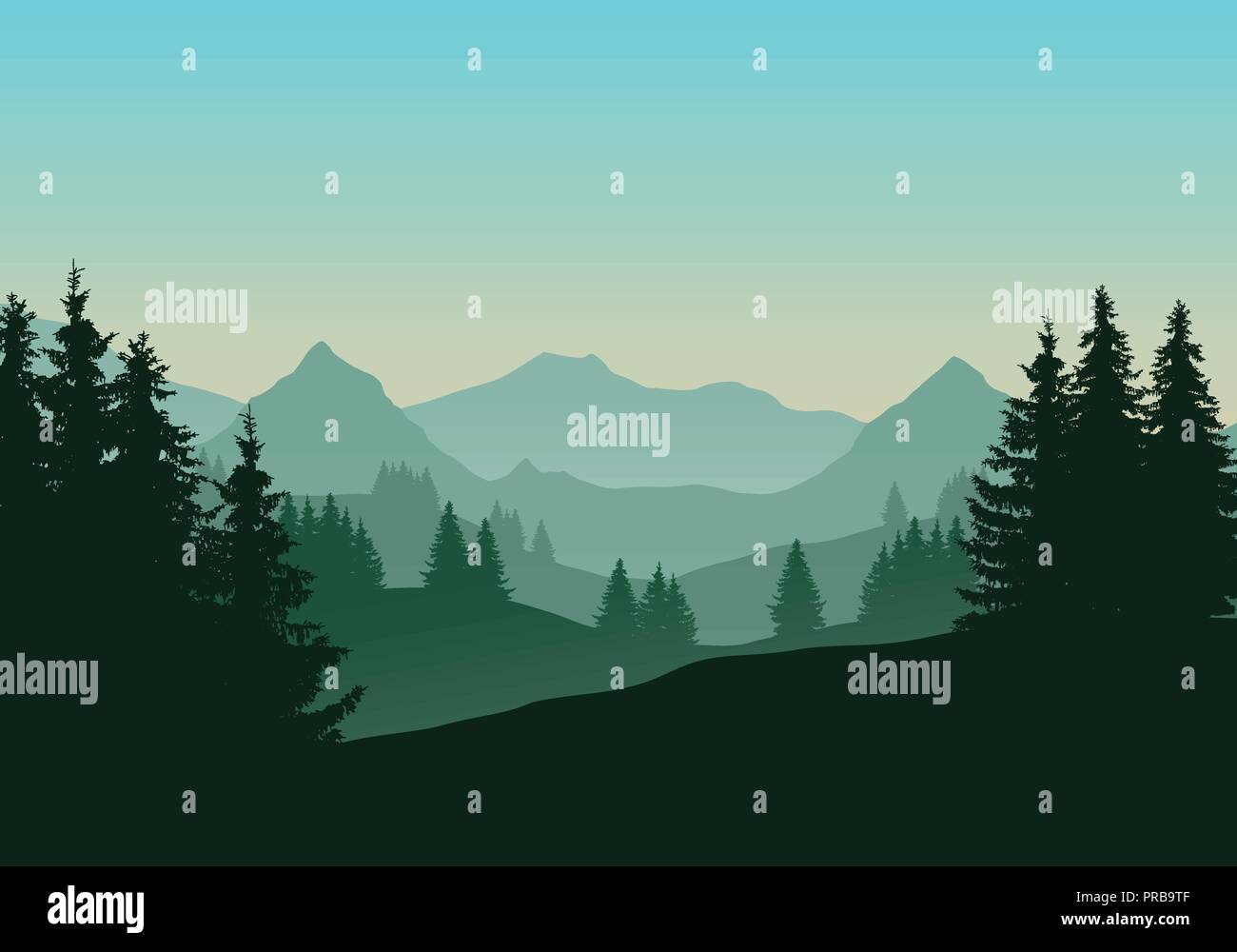 Realistische Darstellung der Berglandschaft mit Nadelwald und Bäume, unter dem grünen blauen Himmel mit Dawn-Vektor Stock Vektor