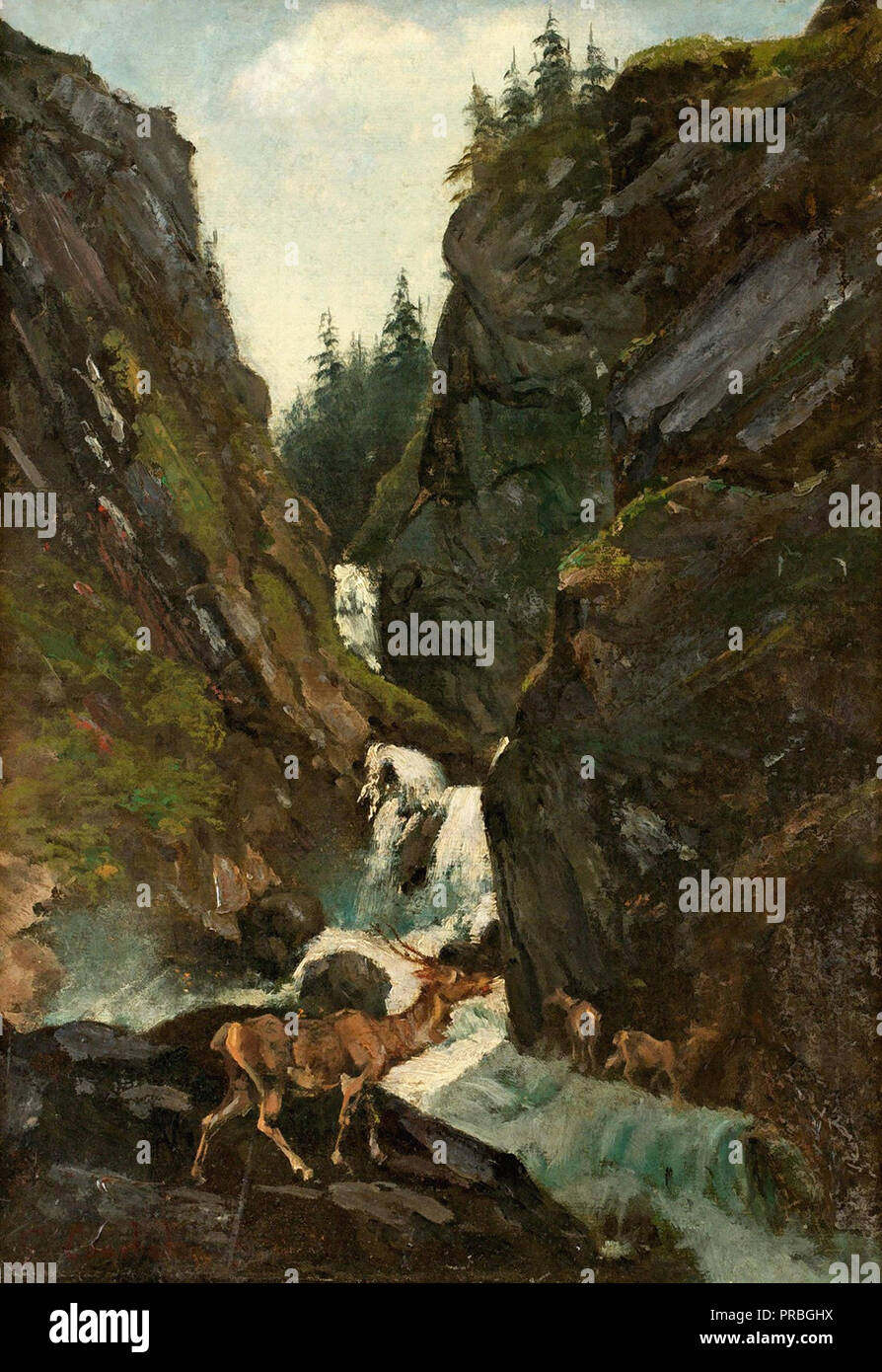 Courbet Gustave - Hirsche durch einen Wasserfall Stockfoto