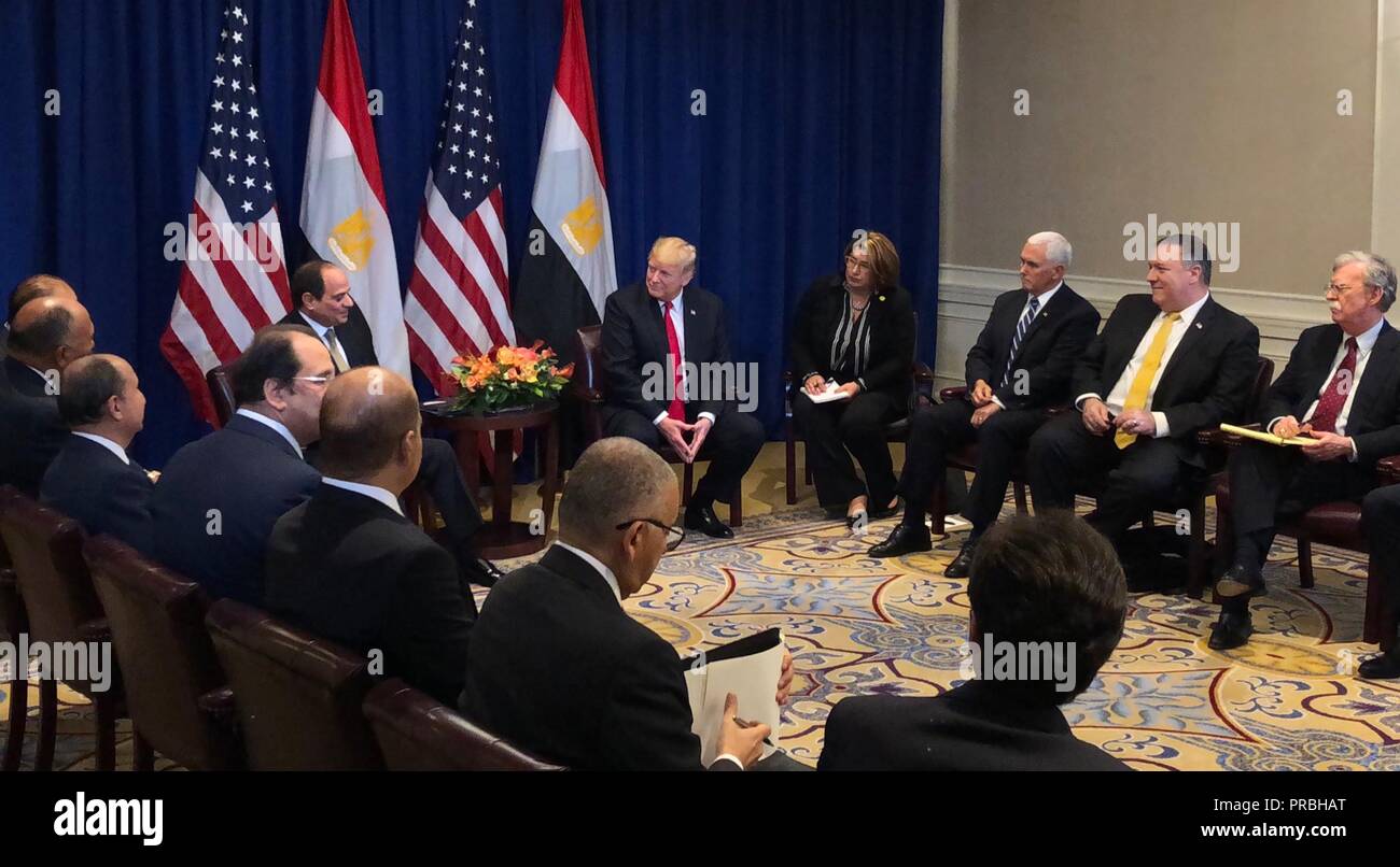 Us-Präsident Donald Trump bei einem bilateralen Treffen mit dem ägyptischen Präsidenten Abdel Fattah el-Sisi am Rande der Generalversammlung der Vereinten Nationen treffen September 24, 2018 in New York, New York. Stockfoto