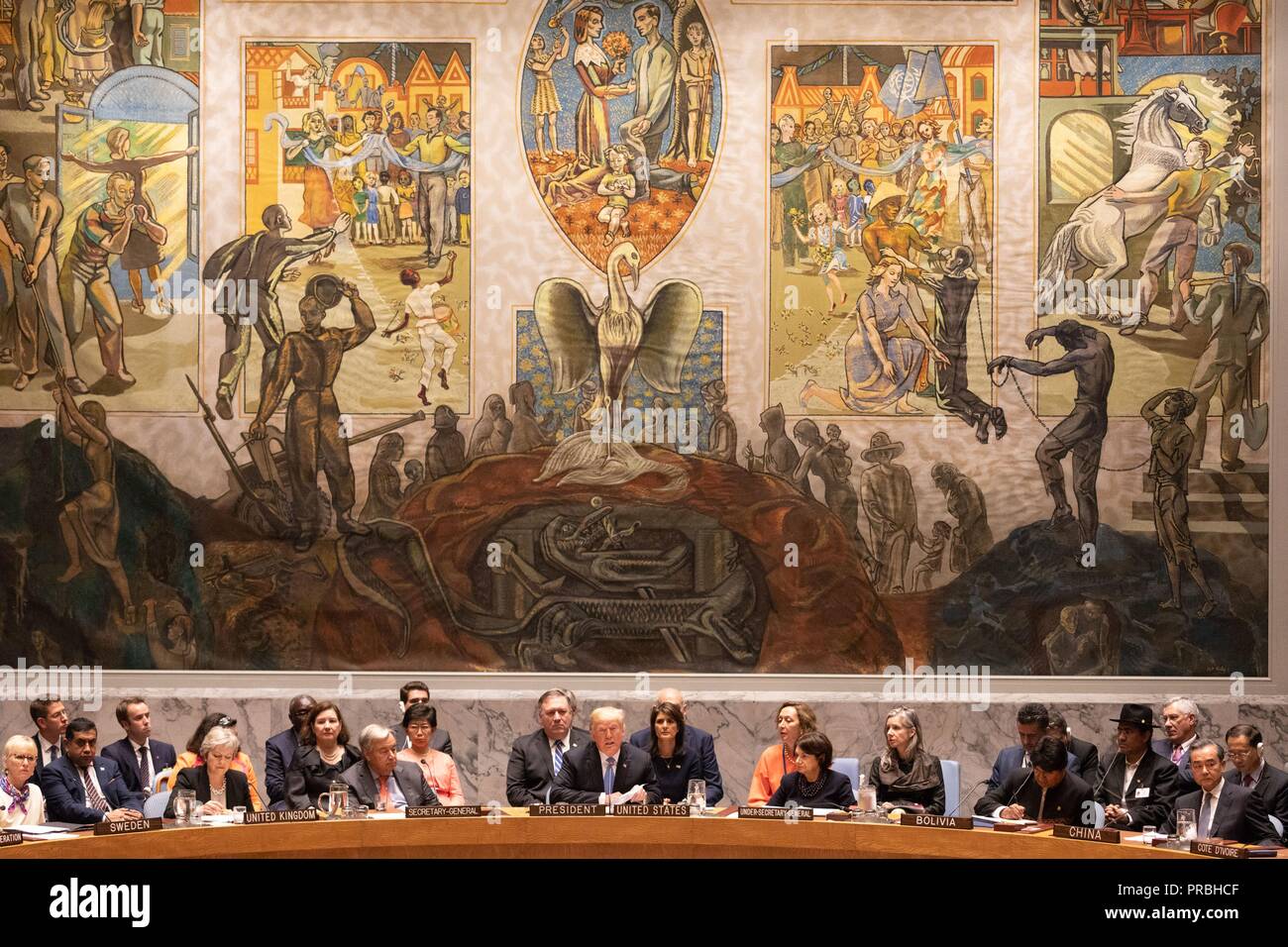 Us-Präsident Donald Trump während der Sicherheitsrat der Vereinten Nationen die Unterrichtung über counterproliferation am Hauptsitz der Vereinten Nationen am 26. September 2018 in New York, New York. Stockfoto