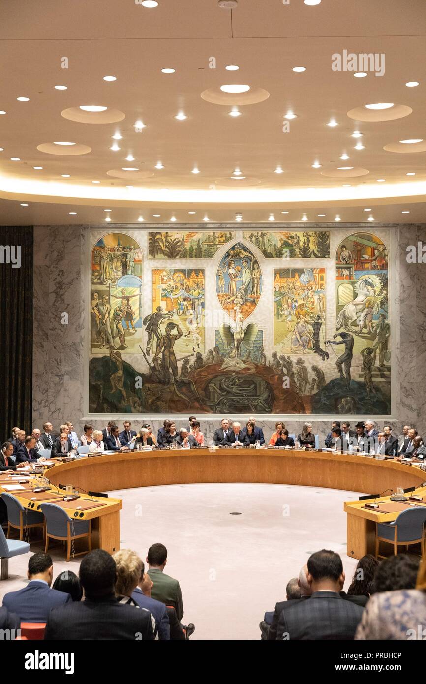 Us-Präsident Donald Trump während der Sicherheitsrat der Vereinten Nationen die Unterrichtung über counterproliferation am Hauptsitz der Vereinten Nationen am 26. September 2018 in New York, New York. Stockfoto