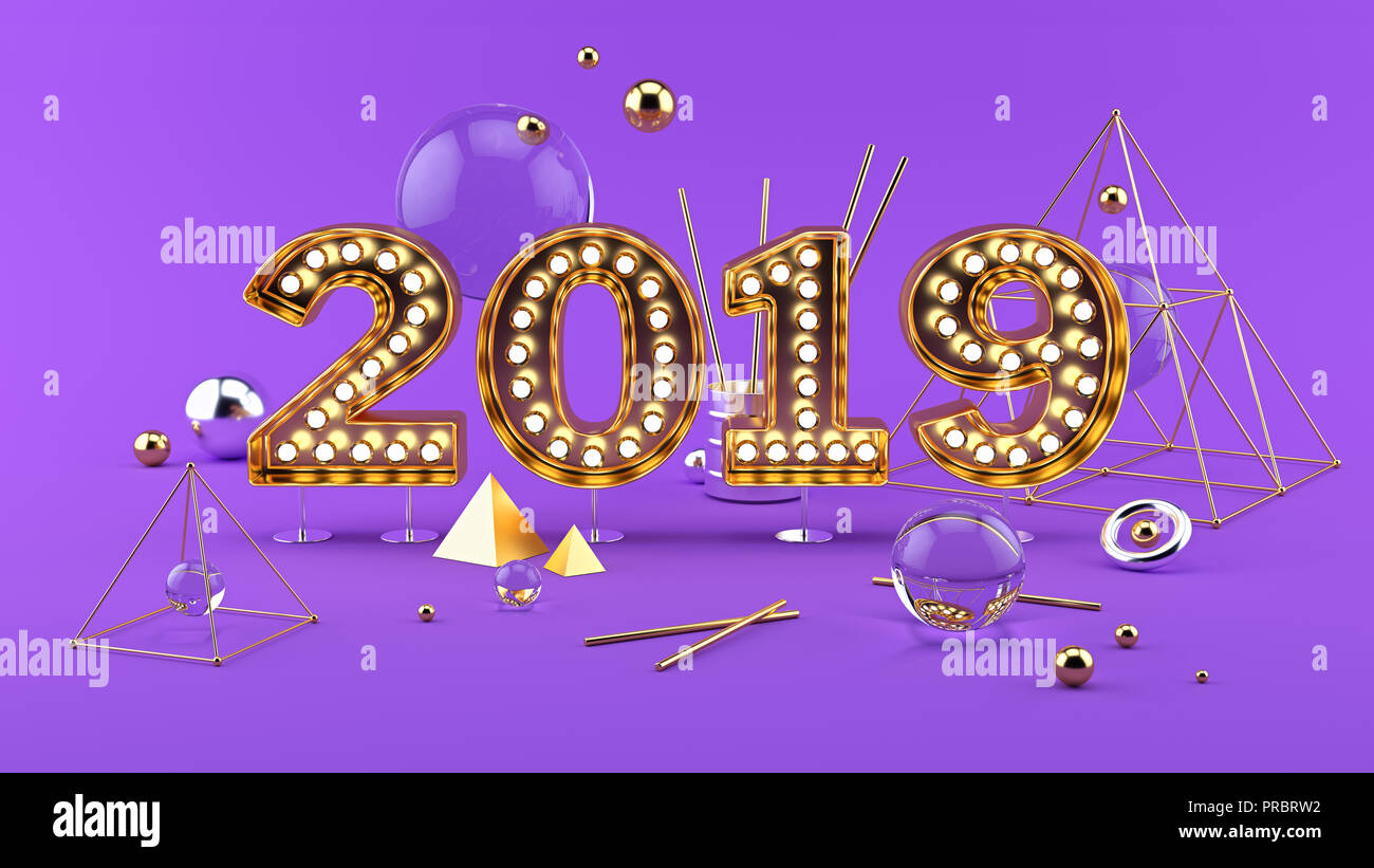 2019 Frohes Neues Jahr 3D-Komposition mit 2019 Golden hellen Ziffern. Stockfoto