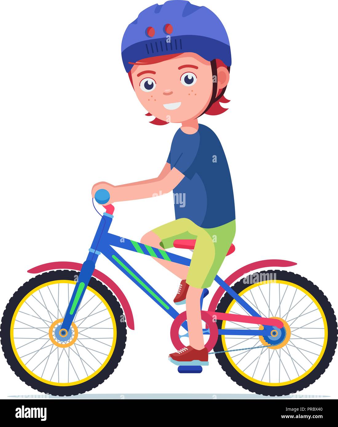 Junge reitet ein Fahrrad in einem Schutzhelm Stock Vektor
