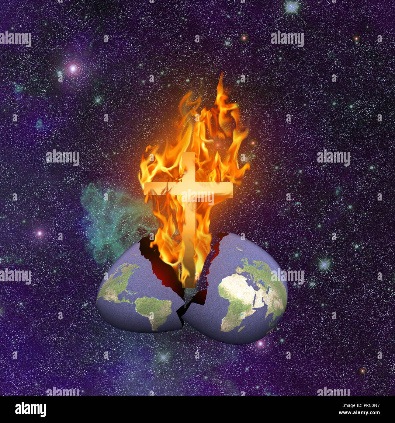 Christian Kreuz in reinigende Feuer vom Planeten Erde ausgebrütet Stockfoto
