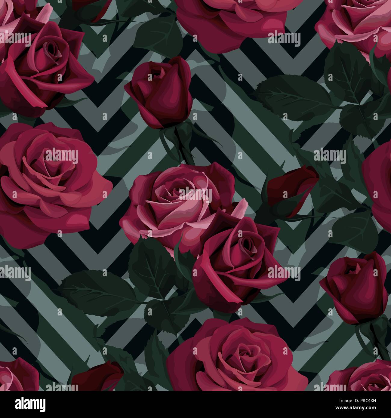 Tief rote Rosen Vektor nahtlose Muster. Dunkle Blüten auf Chevron Hintergrund, mit Blumen geschmückte Textur Stock Vektor