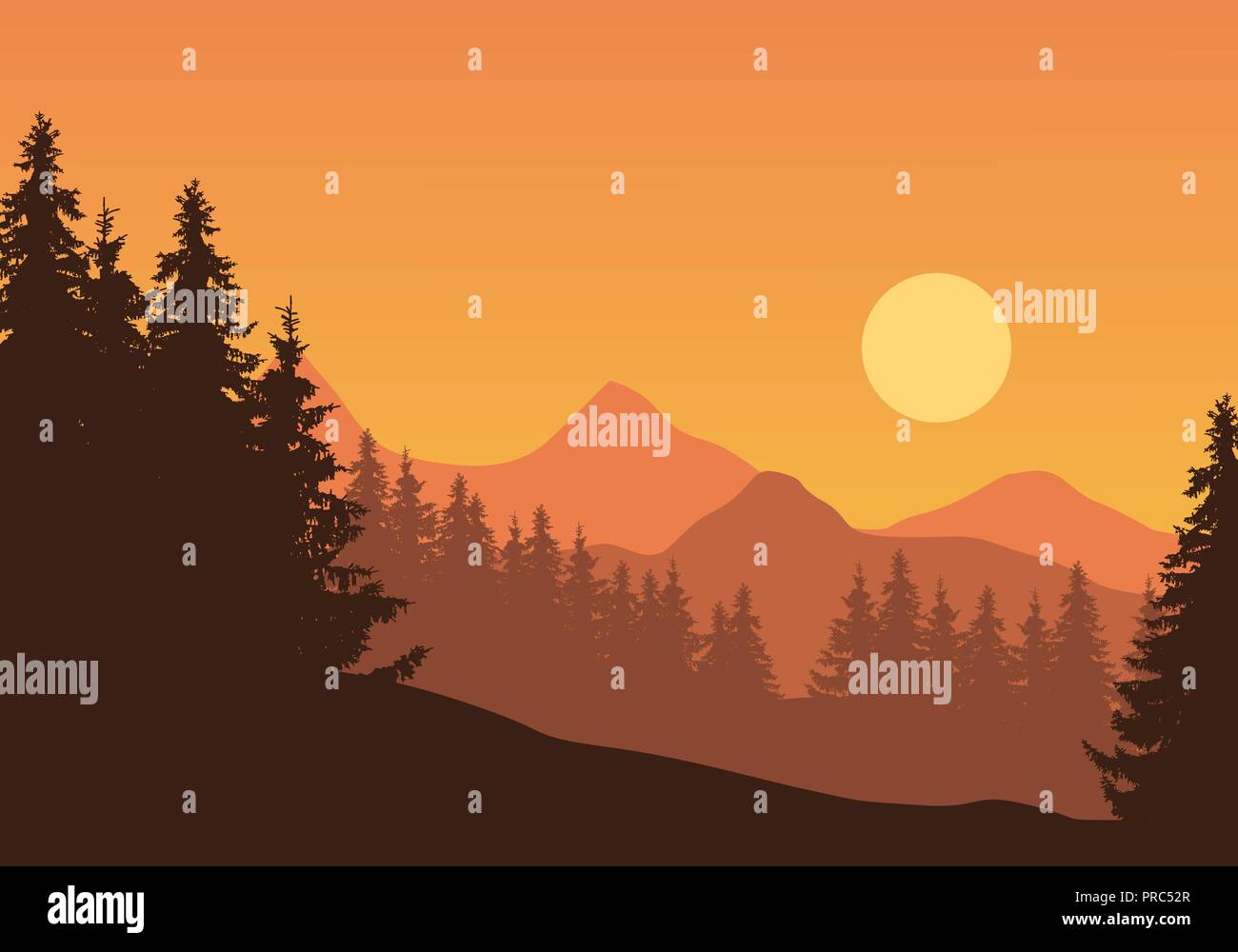 Realistische Darstellung der Berglandschaft mit Nadelwald und Bäume, unter orange Himmel mit Sonne-Vektor Stock Vektor