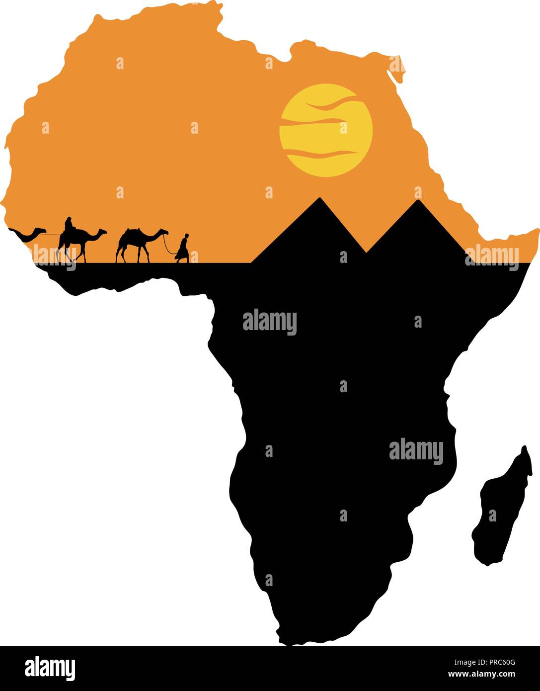 Caravan und Pyramiden auf dem Hintergrund von Afrika Karte Stock Vektor
