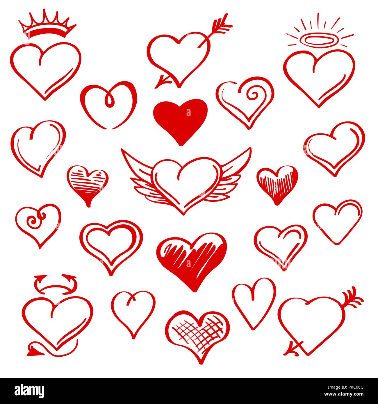 Hand Gezeichnet Herzen Vektor Rote Skizze Herz Mit Flugeln Und Pfeile Krone Und Horner Fur Valentinstag Tag Einstellen Stock Vektorgrafik Alamy